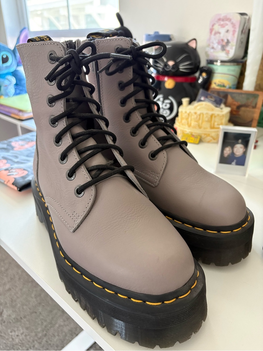 Women's Dr. Martens Jadon III Gray Lace-Up Platform Boots with Yellow Stitching